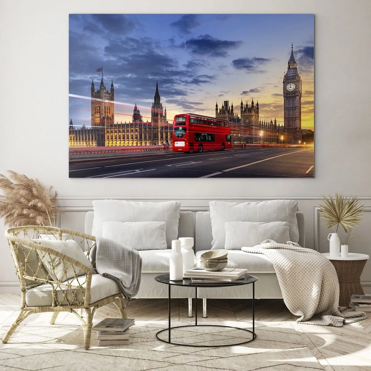 Glasbild - Bild auf glas - Big Ben und der Red Bus in London bei Sonnenuntergang - 120x80cm - Spezielle Charaktere - Moderne Wanddekoration für Wohnzimmer und Schlafzimmer ARTTOR
