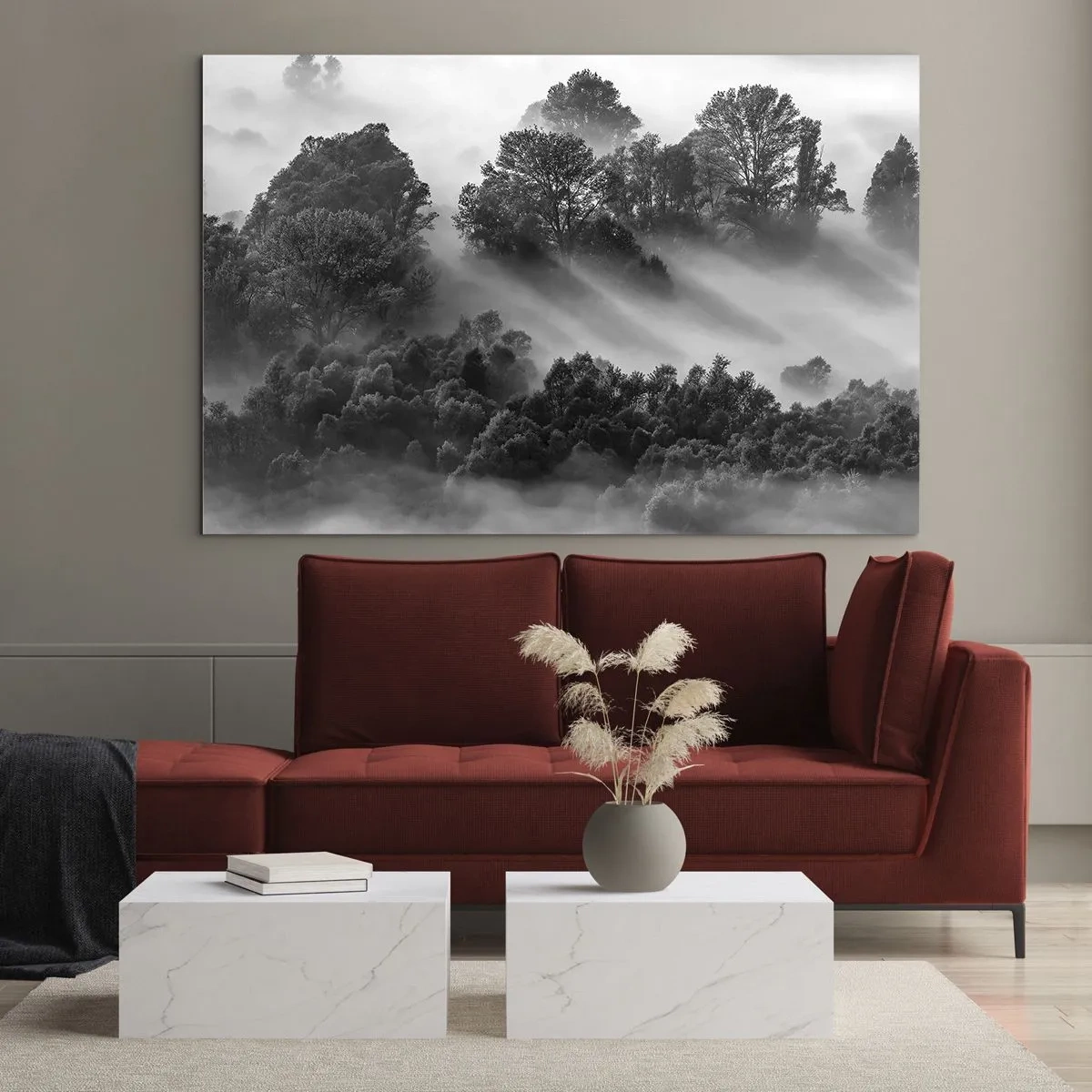 Glasbild - Bild auf glas - Nebliger Wald im Sonnenlicht in Schwarz und Weiß - 120x80cm - Aufstehend aus dem Schlaf - Moderne Wanddekoration für Wohnzimmer und Schlafzimmer ARTTOR