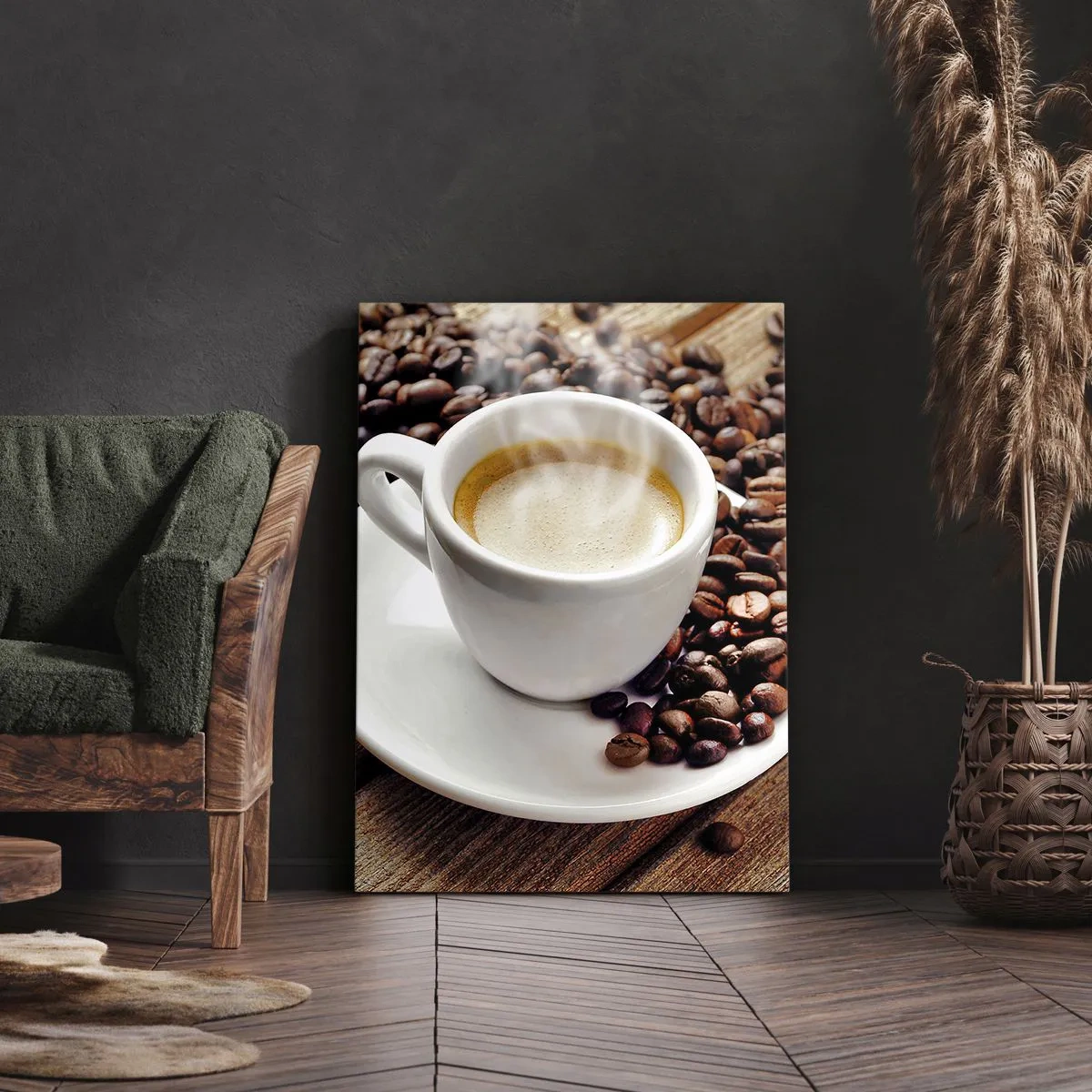 Bild auf Leinwand - Leinwandbild - Eine Tasse aromatischen Kaffee vor dem Hintergrund von Bohnen und einem Blatt - 50x70cm - Kaffee auf der Bank - Moderne Wanddekoration für Wohnzimmer und Schlafzimmer ARTTOR