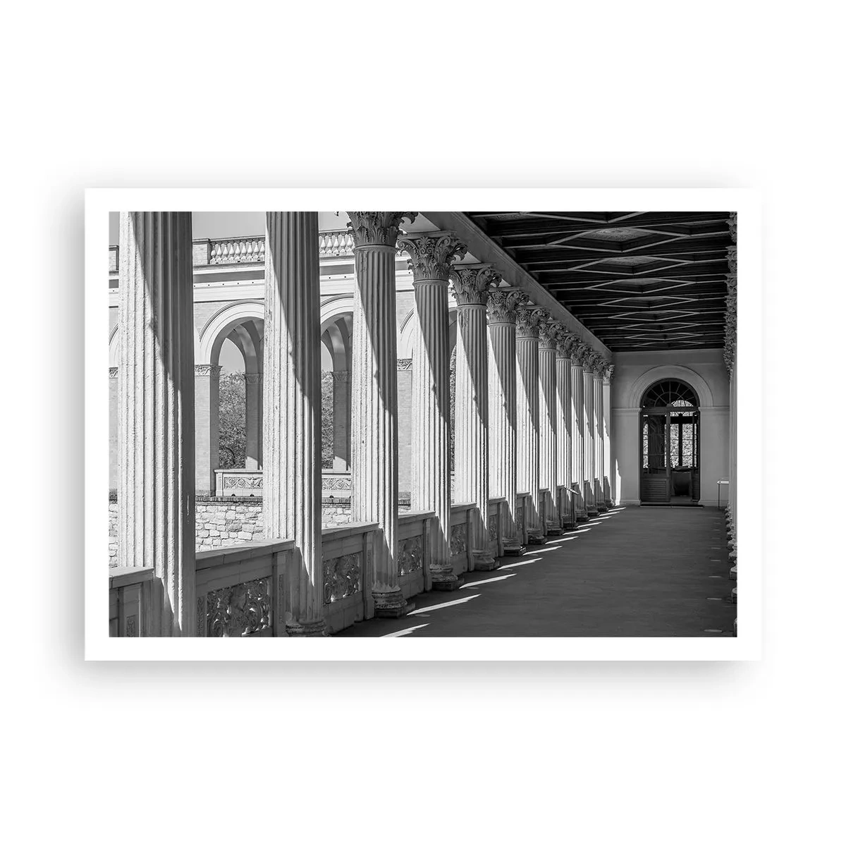 Poster - Kolonnade im klassischen Stil in Schwarz und Weiß - 100x70cm - Sonnige Arkade - Moderne Wanddekoration für Wohnzimmer und Schlafzimmer ARTTOR