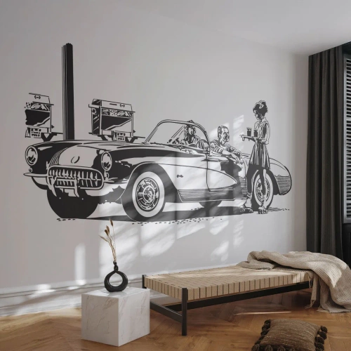 Maßgeschneiderte Fototapete Premium Sand - 60. - unbeschwertes Amerika - Oldtimer, Tankstelle, Amerika