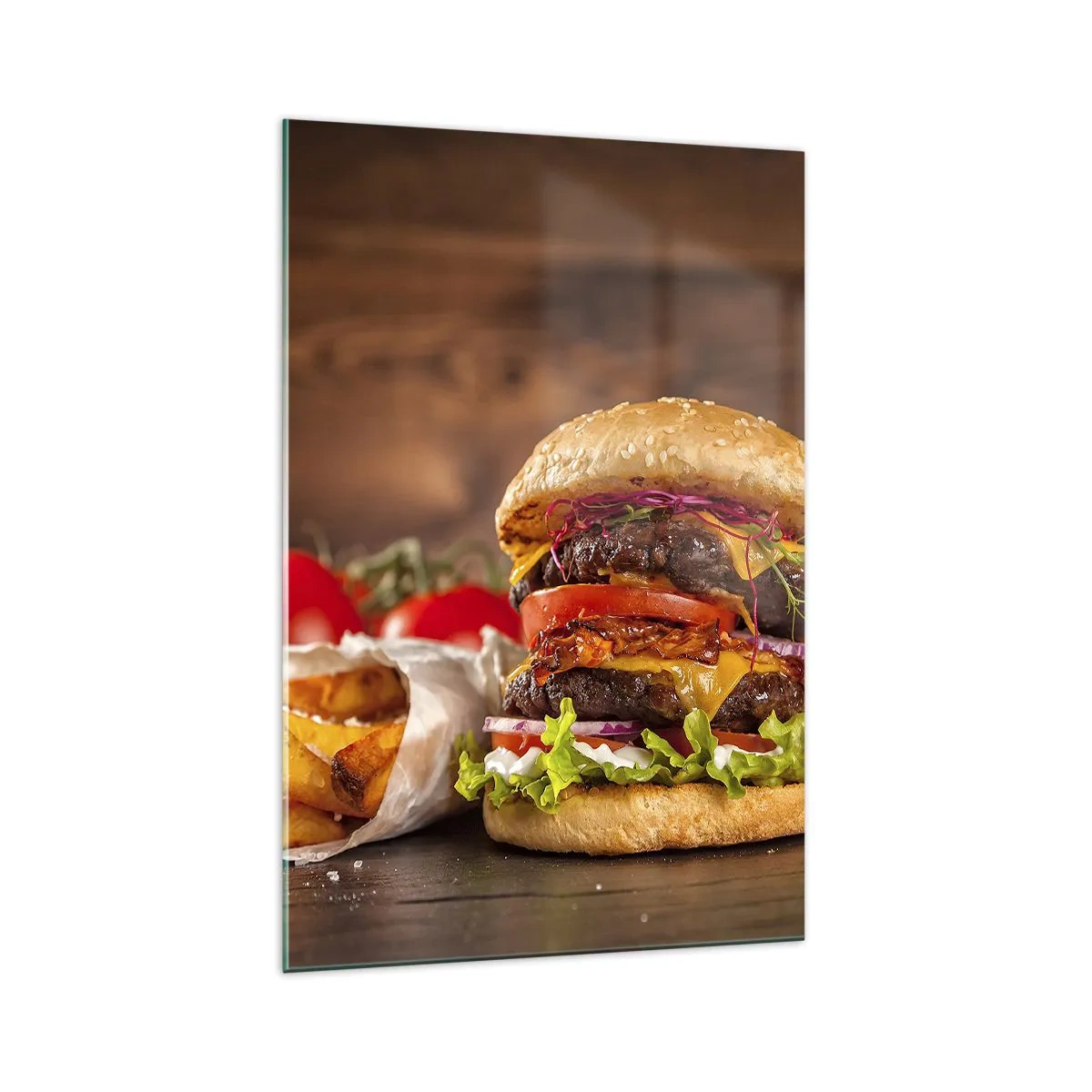 Glasbild - Bild auf glas - Appetitlicher Burger mit Extras - 70x100cm - Die verbotene Frucht - Moderne Wanddekoration für Wohnzimmer und Schlafzimmer ARTTOR