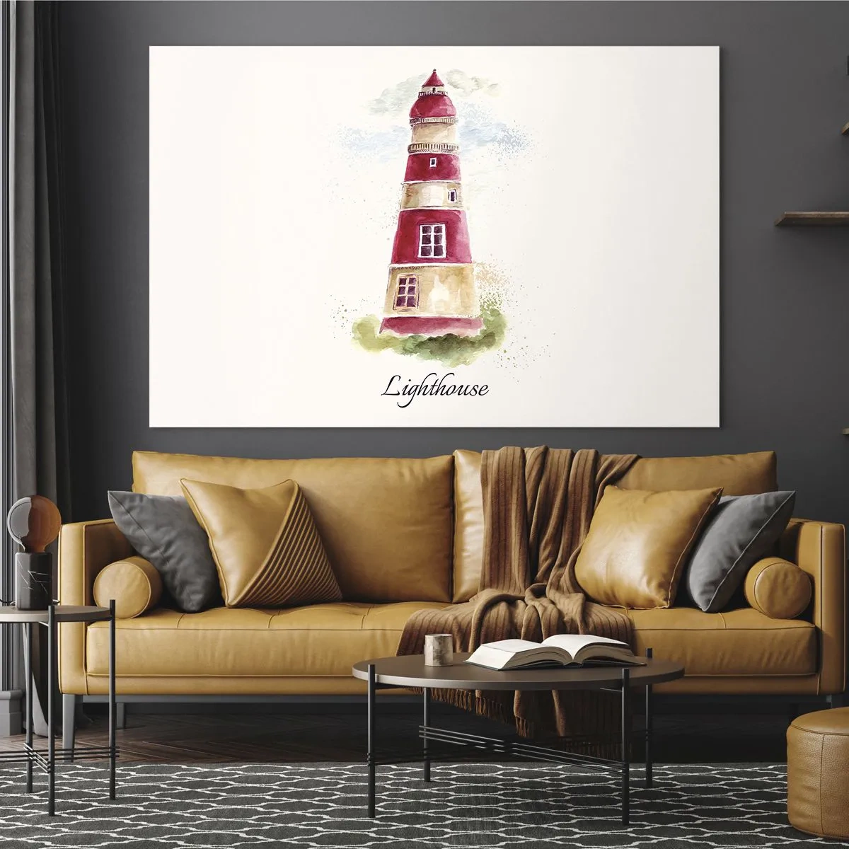 Glasbild - Bild auf glas - Aquarell Leuchtturm mit der Aufschrift Lighthouse - 120x80cm - Das Wetter ringsum ist immer gut - Moderne Wanddekoration für Wohnzimmer und Schlafzimmer ARTTOR