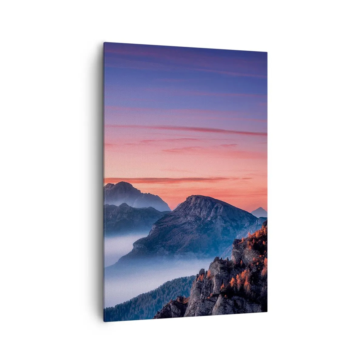 Bild auf Leinwand - Leinwandbild - Berglandschaft bei Sonnenaufgang mit Nebel in den Tälern - 80x120cm - Über die Täler - Moderne Wanddekoration für Wohnzimmer und Schlafzimmer ARTTOR