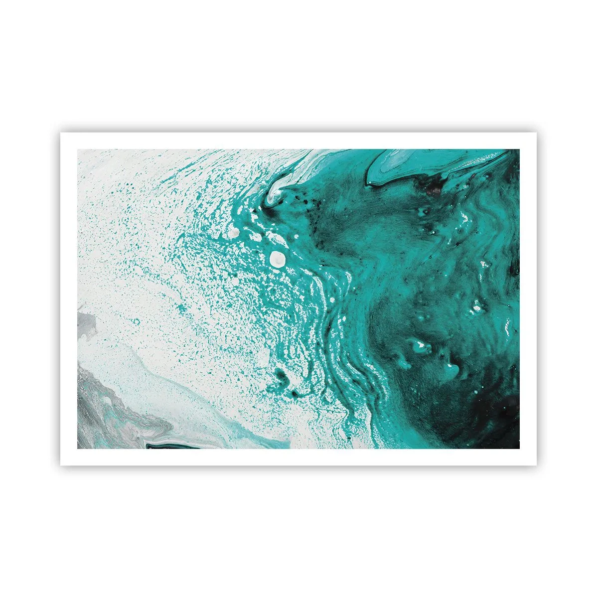 Poster - Abstrakte Komposition in Türkistönen auf weißem Hintergrund - 100x70cm - Verschmelzen in Weiß und Türkis - Moderne Wanddekoration für Wohnzimmer und Schlafzimmer ARTTOR