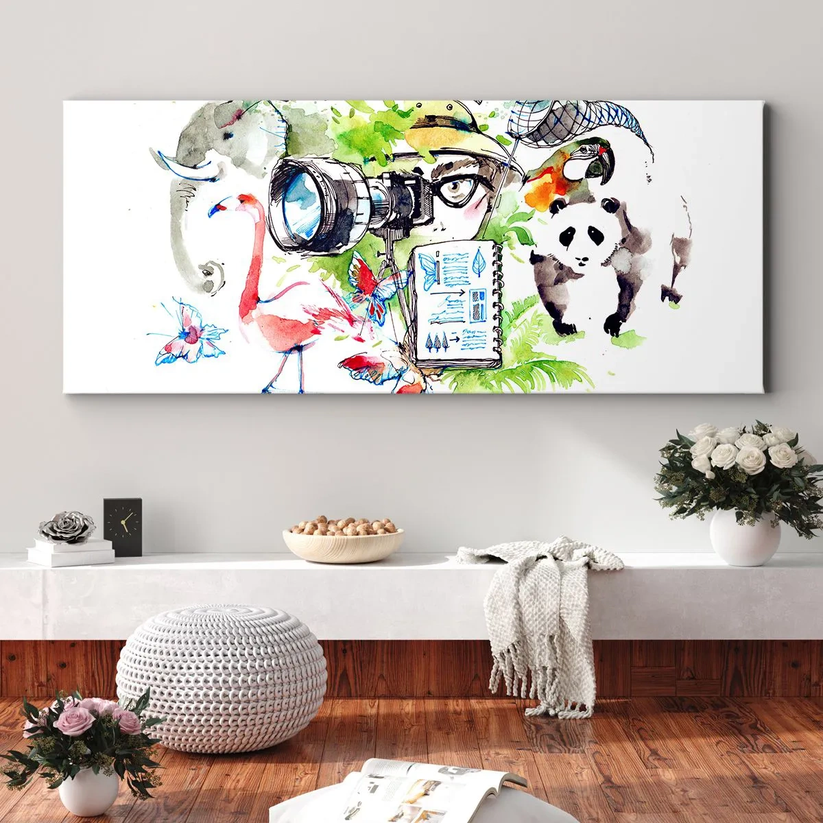 Bild auf Leinwand - Leinwandbild - Bunte Grafiken mit Natur- und Safari-Themen - 140x50cm - In der Linse eines Reisenden - Moderne Wanddekoration für Wohnzimmer und Schlafzimmer ARTTOR