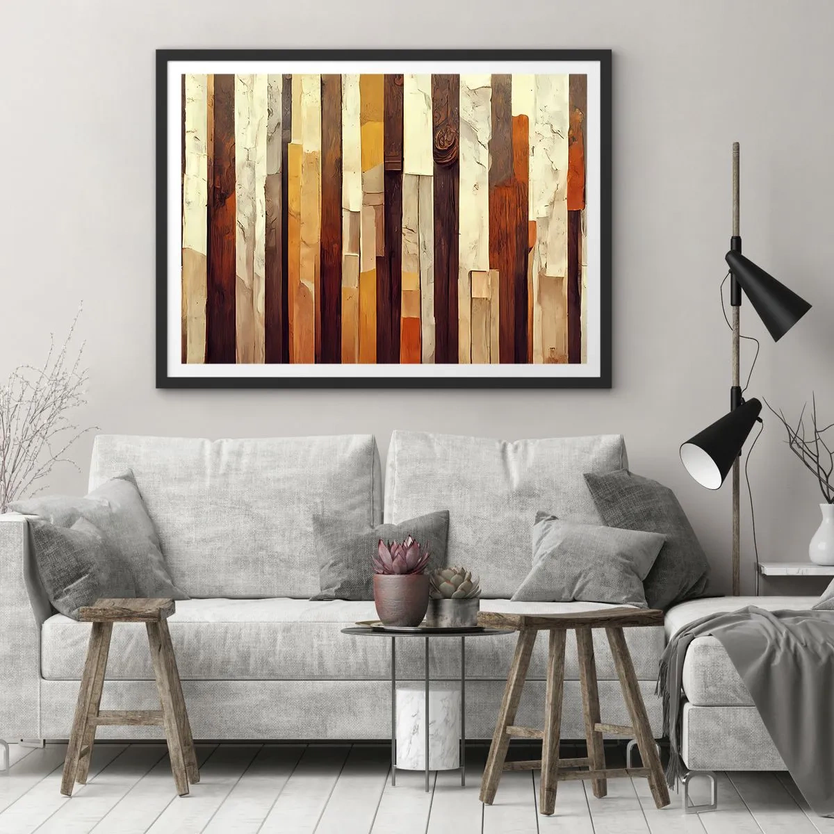 Poster in einem schwarzem Rahmen - Geometrische Komposition in Holz- und Goldtönen - 70x50cm - Hymne der Waldbäume - Moderne Wanddekoration für Wohnzimmer und Schlafzimmer ARTTOR