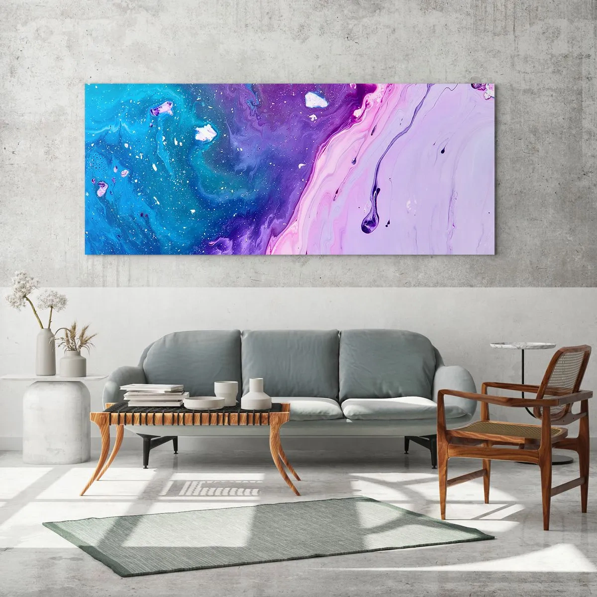 Glasbild - Bild auf glas - Abstraktion in Lila- und Türkistönen, inspiriert von Kontrasten - 120x50cm - Yin und Yang - Moderne Wanddekoration für Wohnzimmer und Schlafzimmer ARTTOR