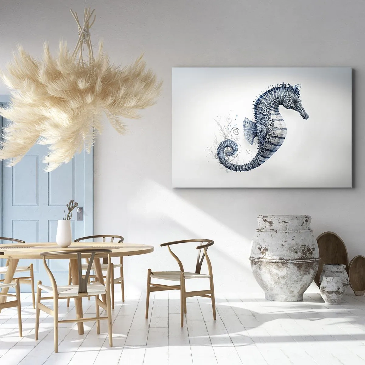 Bild auf Leinwand - Leinwandbild - Seepferdchen in Blautönen mit Aquarelldetails - 70x50cm - Subtiler Witz der Natur - Moderne Wanddekoration für Wohnzimmer und Schlafzimmer ARTTOR