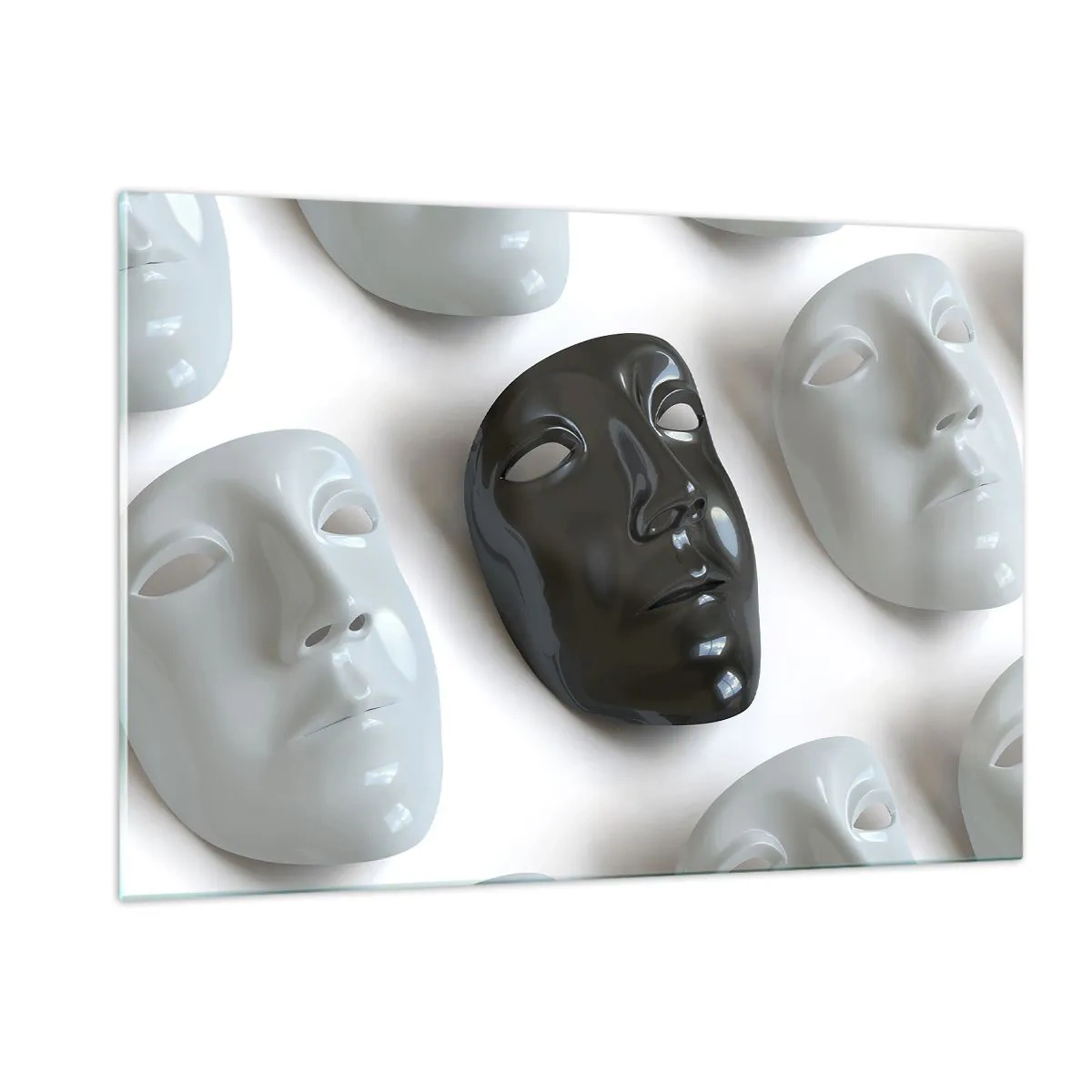 Glasbild - Bild auf glas - Eine schwarz-weiße Maske vor einem Hintergrund aus weißen Masken auf hellem Hintergrund - 120x80cm - Wie hebt man sich ab? - Moderne Wanddekoration für Wohnzimmer und Schlafzimmer ARTTOR