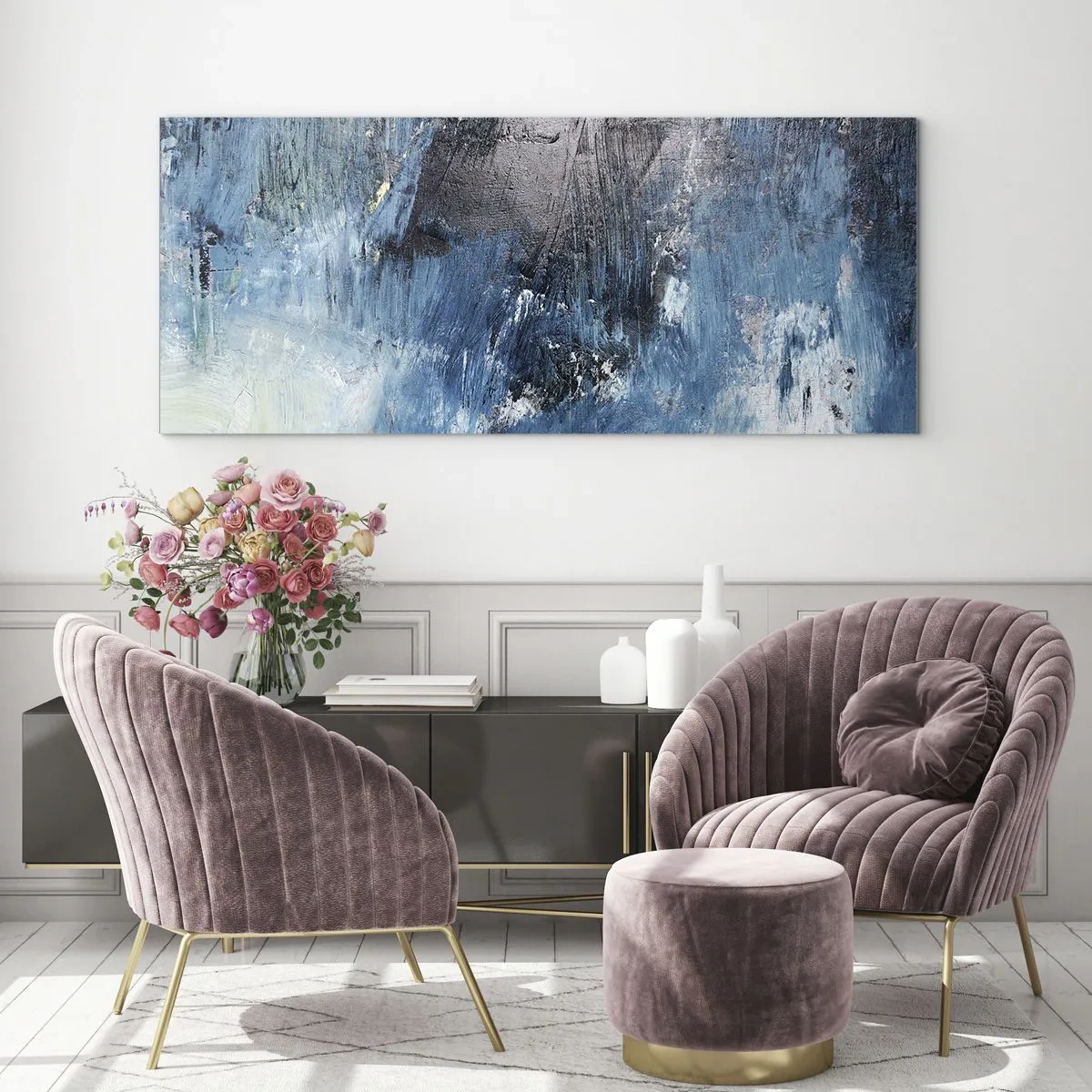 Glasbild - Bild auf glas - Abstrakte Pinselstriche in Blautönen - 160x50cm - Rhapsodie in Blau - Moderne Wanddekoration für Wohnzimmer und Schlafzimmer ARTTOR