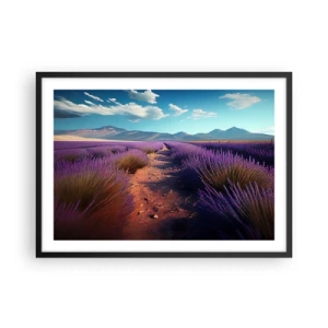 Poster in einem schwarzem Rahmen - Ein Lavendelfeld mit Blick auf die Berge und den blauen Himmel - 70x50cm - Duftende Felder - Moderne Wanddekoration für Wohnzimmer und Schlafzimmer ARTTOR
