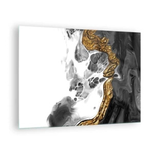 Glasbild - Bild auf glas - Abstrakte Komposition aus Schwarz, Weiß und Gold - 70x50cm - Organische Komposition - Moderne Wanddekoration für Wohnzimmer und Schlafzimmer ARTTOR