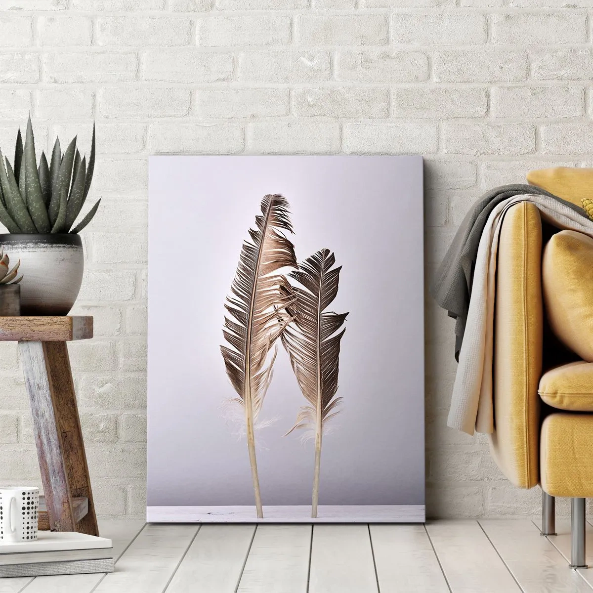 Bild auf Leinwand - Leinwandbild - Zarte Federn auf hellem Untergrund im minimalistischen Stil - 70x100cm - Gegen das Nichts - Moderne Wanddekoration für Wohnzimmer und Schlafzimmer ARTTOR