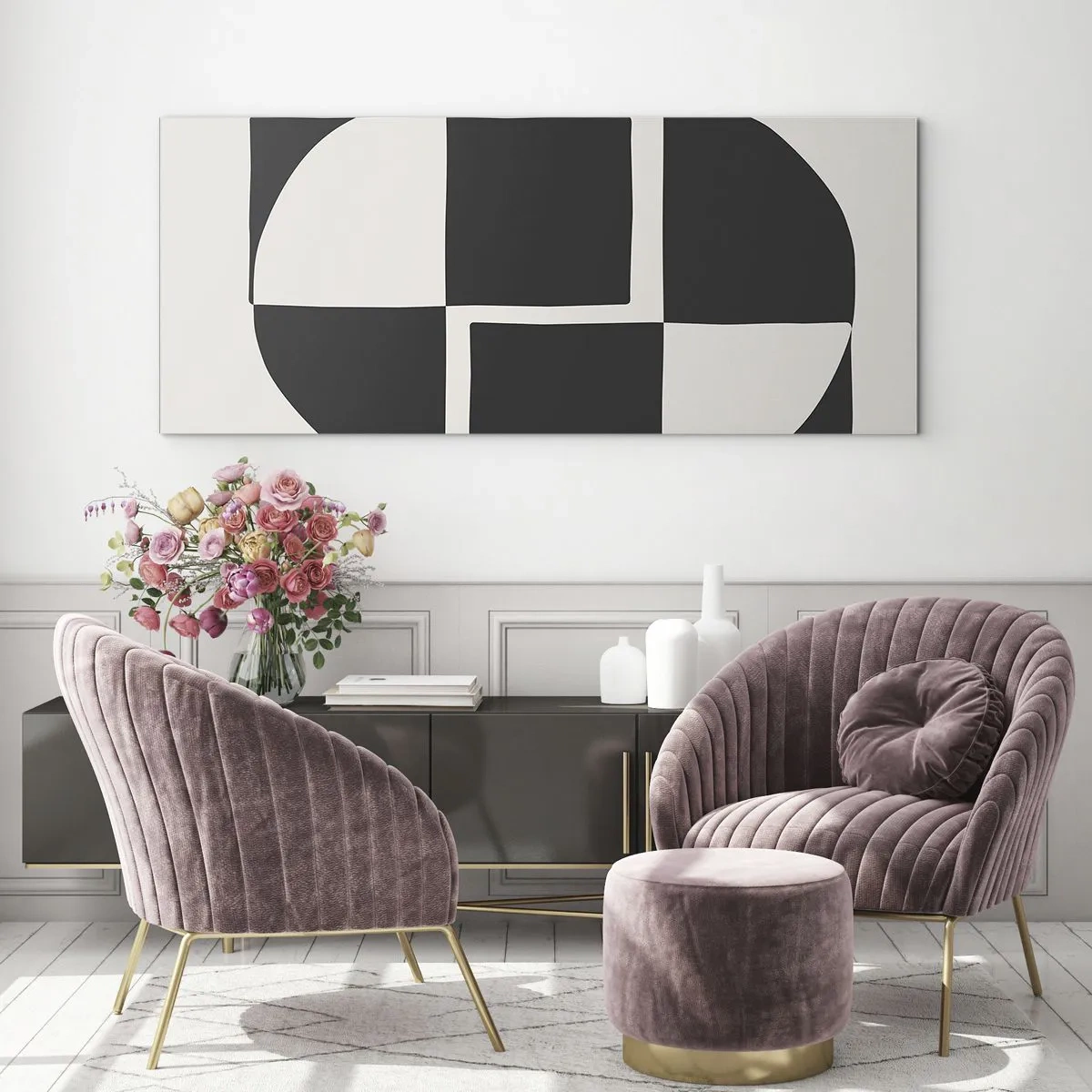 Glasbild - Bild auf glas - Abstrakte geometrische Formen in Schwarz und Weiß - 160x50cm - Antithese - Synthese - Moderne Wanddekoration für Wohnzimmer und Schlafzimmer ARTTOR