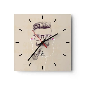 Wanduhr - Glasuhr - Retro-Porträt eines Mannes mit Pfeife, Kopfhörer und Brille - 30x30cm - Ein echter Mann? - Moderne Wanddekoration für Wohnzimmer und Schlafzimmer ARTTOR