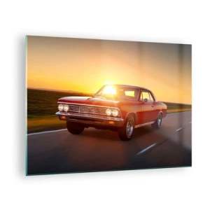 Glasbild - Bild auf glas - Roter Oldtimer vor der untergehenden Sonne - 70x50cm - Begehren ist rot - Moderne Wanddekoration für Wohnzimmer und Schlafzimmer ARTTOR