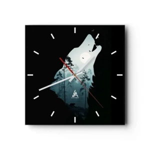 Wanduhr - Glasuhr - Silhouette eines Wolfes mit Wald und Mond im Hintergrund - 30x30cm - Die Stimme der Waldnacht - Moderne Wanddekoration für Wohnzimmer und Schlafzimmer ARTTOR