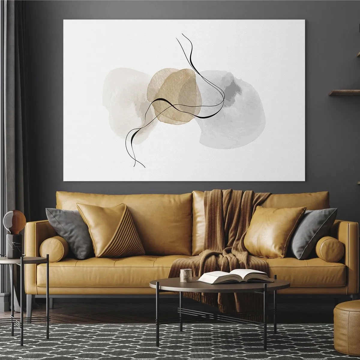 Glasbild - Bild auf glas - Eine subtile Abstraktion mit pastellfarbenen Punkten und schwarzen Linien. - 120x80cm - Luftperlen - Moderne Wanddekoration für Wohnzimmer und Schlafzimmer ARTTOR