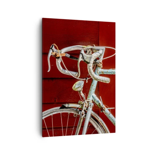 Bild auf Leinwand - Leinwandbild - Ein Vintage-Fahrrad vor einer roten Holzwand - 70x100cm - Geschaffen um zu siegen - Moderne Wanddekoration für Wohnzimmer und Schlafzimmer ARTTOR
