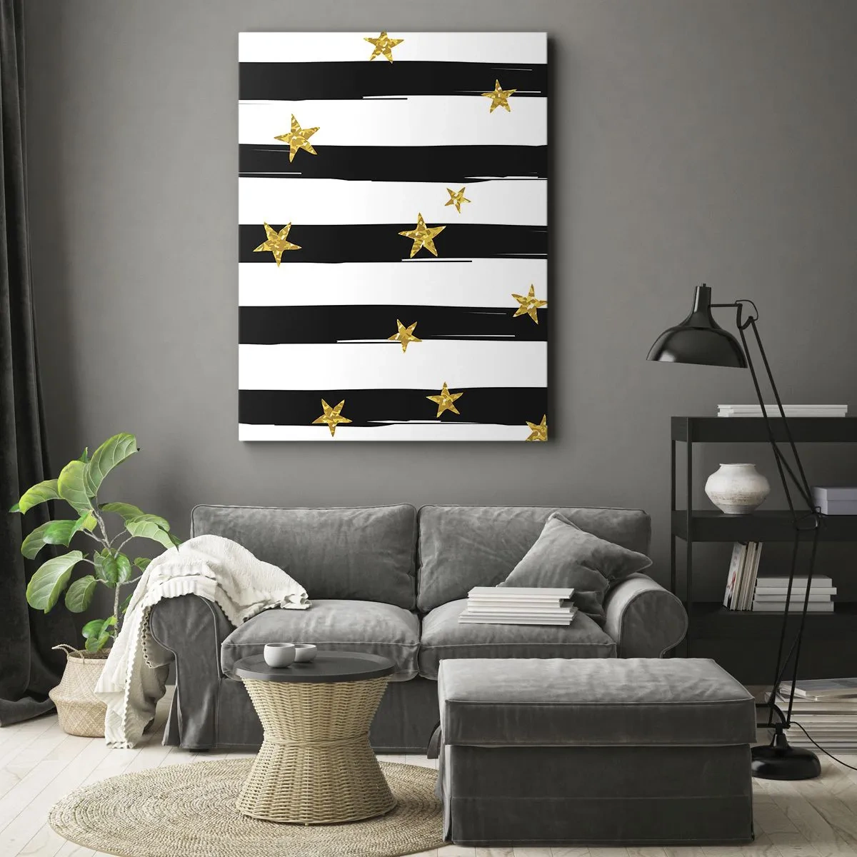 Bild auf Leinwand - Leinwandbild - Schwarz-weiße Streifen mit goldenen Sternen - 70x100cm - Wir wurden alle unter einem glücklichen Stern geboren - Moderne Wanddekoration für Wohnzimmer und Schlafzimmer ARTTOR