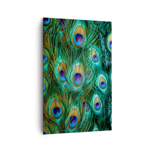 Bild auf Leinwand - Leinwandbild - Details von Pfauenfedern in satten Farben - 80x120cm - Ein Blick mit Pfauenaugen - Moderne Wanddekoration für Wohnzimmer und Schlafzimmer ARTTOR