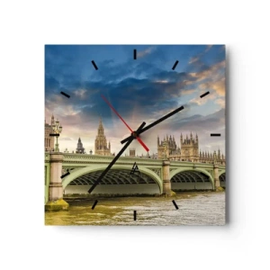 Wanduhr - Glasuhr - Big Ben und Westminster Bridge gegen den Himmel in der Abenddämmerung - 30x30cm - Im Imperium ist die Zeit stehen geblieben - Moderne Wanddekoration für Wohnzimmer und Schlafzimmer ARTTOR
