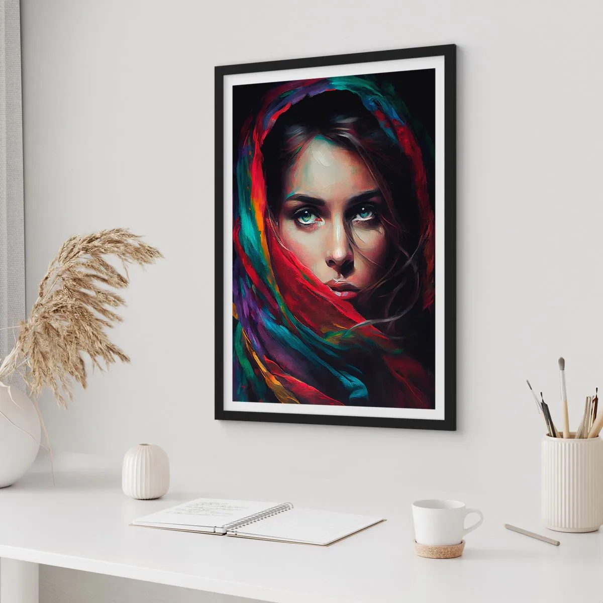 Poster in einem schwarzem Rahmen - Porträt einer Frau mit buntem Schal - 50x70cm - Grünäugiges Geheimnis - Moderne Wanddekoration für Wohnzimmer und Schlafzimmer ARTTOR