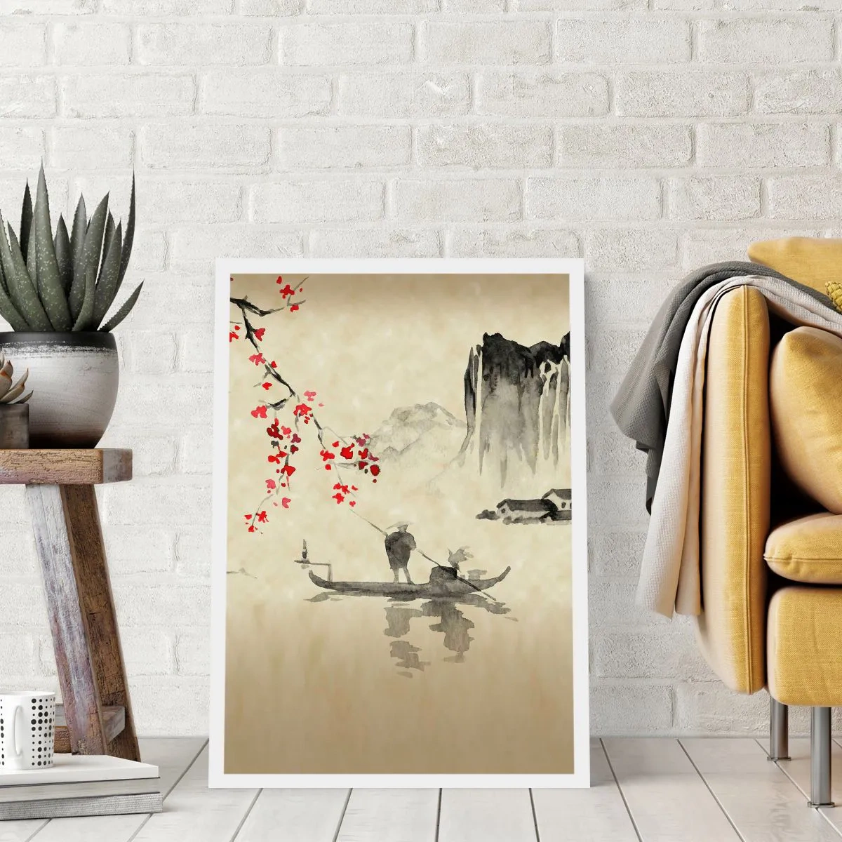 Poster - Orientalische Szene mit Fischern auf einem Boot - 50x70cm - Im Land der blühenden Kirschbäume - Moderne Wanddekoration für Wohnzimmer und Schlafzimmer ARTTOR