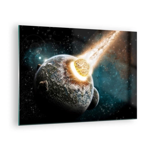 Glasbild - Bild auf glas - Ein Planet kollidiert mit einem Meteoriten - 70x50cm - Holocaust oder Geburt? - Moderne Wanddekoration für Wohnzimmer und Schlafzimmer ARTTOR