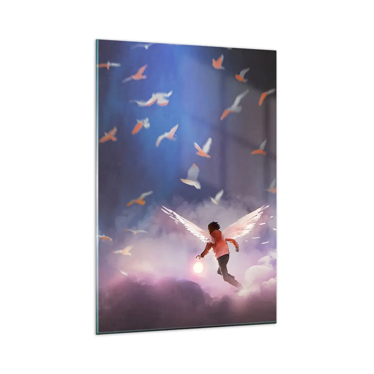 Glasbild - Bild auf glas - Eine Figur mit Engelsflügeln, die zwischen Vögeln am Himmel schwebt - 80x120cm - Du brauchst Fantasie und Mut - Moderne Wanddekoration für Wohnzimmer und Schlafzimmer ARTTOR