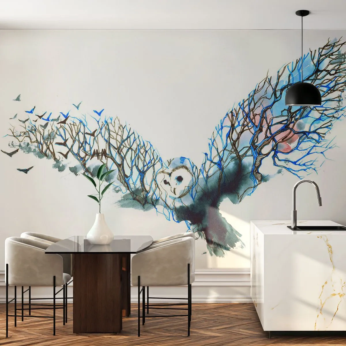 Fototapete Standard Eco - Auf den Flügeln des Waldes - Abstraktion, Eule, Vogel - 400x280 cm