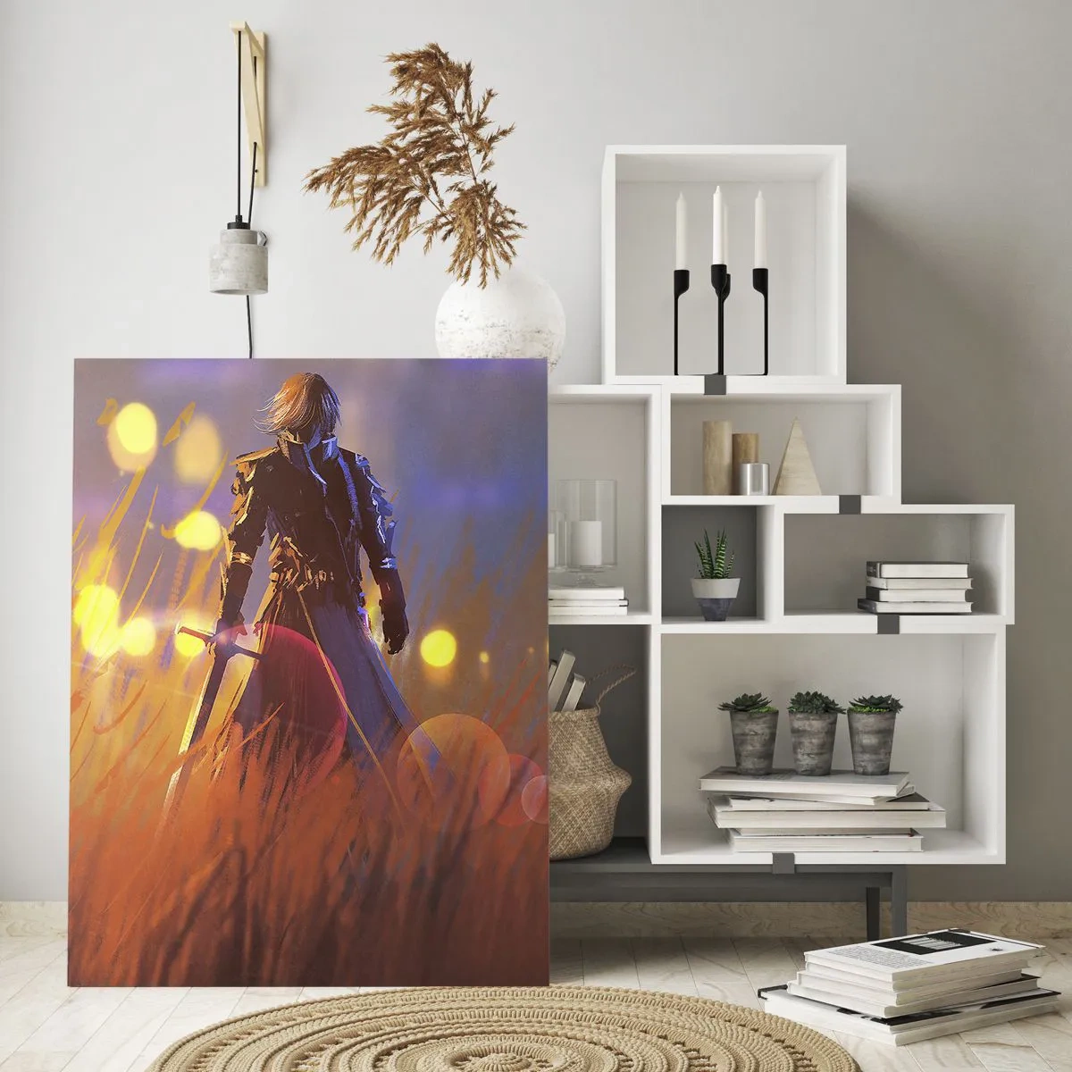 Glasbild - Bild auf glas - Eine Figur in Rüstung inmitten orangefarbenen Grases vor leuchtendem Hintergrund. - 50x70cm - Fahrender Ritter - Moderne Wanddekoration für Wohnzimmer und Schlafzimmer ARTTOR
