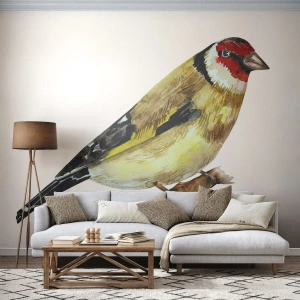 Fototapete Premium Sand - Aquarell-Illustration eines Stieglitzes auf einem Ast - 100x70cm - Vogelporträt - Moderne Wanddekoration für Wohnzimmer und Schlafzimmer ARTTOR