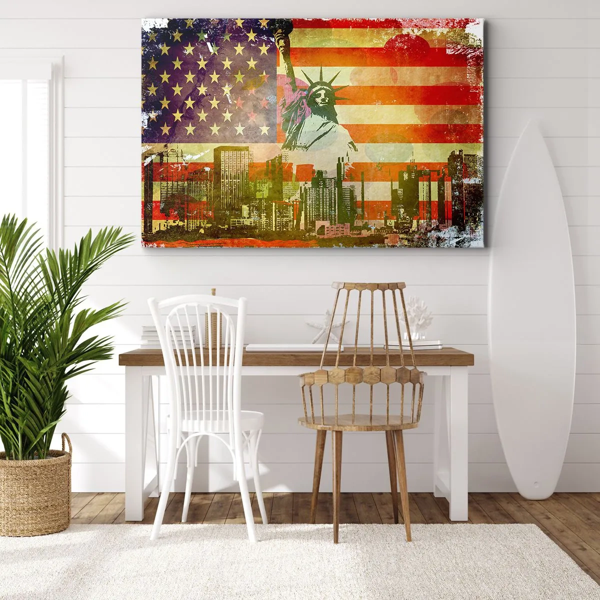 Bild auf Leinwand - Leinwandbild - Die Freiheitsstatue vor dem Hintergrund der amerikanischen Flagge und der Skyline der Stadt - 120x80cm - Viva Amerika! - Moderne Wanddekoration für Wohnzimmer und Schlafzimmer ARTTOR