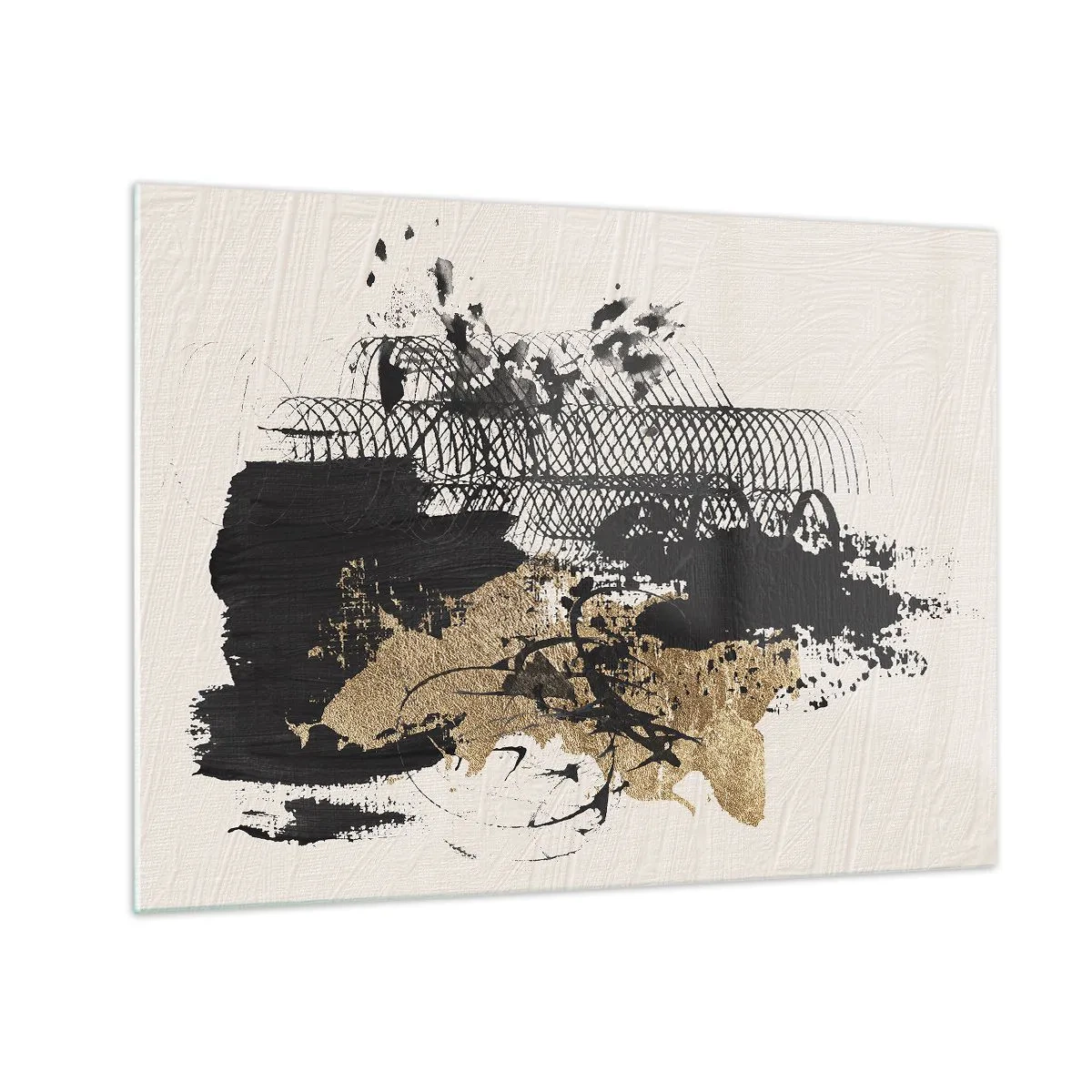 Glasbild - Bild auf glas - Abstrakte Komposition in Schwarz und Gold auf hellem Hintergrund - 70x50cm - Komposition mit Leidenschaft - Moderne Wanddekoration für Wohnzimmer und Schlafzimmer ARTTOR