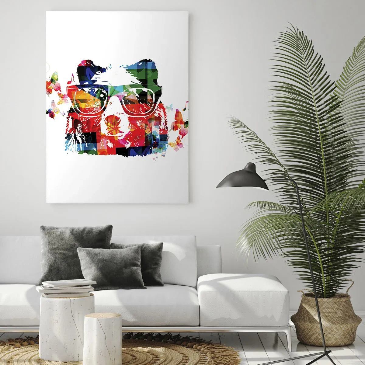Glasbild - Bild auf glas - Bunter Bär mit Brille mit Schmetterlingen und Musiknoten - 80x120cm - Ich mag! - Moderne Wanddekoration für Wohnzimmer und Schlafzimmer ARTTOR