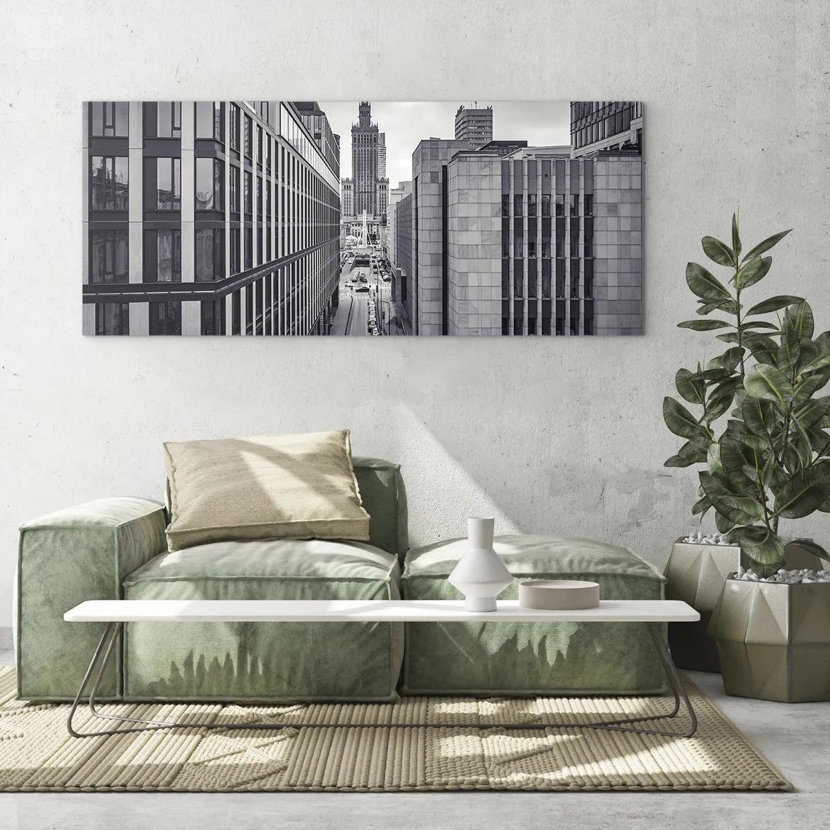 Glasbild - Bild auf glas - Panorama von Warschau mit Blick auf den Kulturpalast und die umliegenden Gebäude - 160x50cm - Warschauer Tal - Moderne Wanddekoration für Wohnzimmer und Schlafzimmer ARTTOR