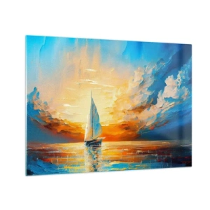 Glasbild - Bild auf glas - Ein Segelboot auf See im Licht der untergehenden Sonne - 70x50cm - In Gold segeln - Moderne Wanddekoration für Wohnzimmer und Schlafzimmer ARTTOR
