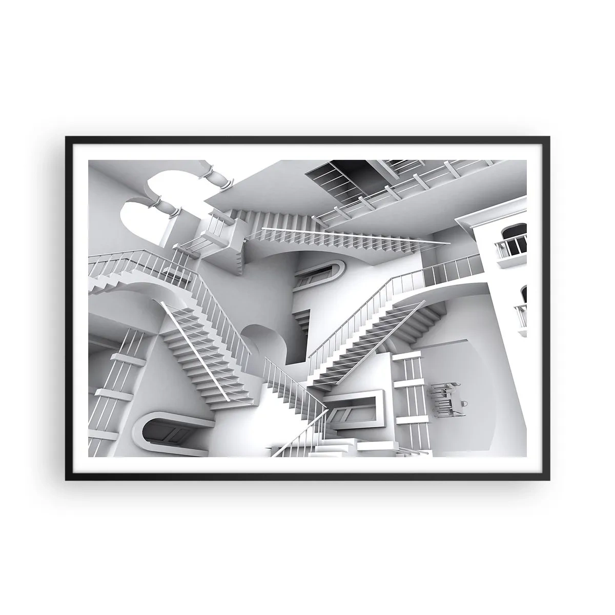 Poster in einem schwarzem Rahmen - Eine abstrakte Komposition aus Treppen in einer surrealistischen Raumanordnung - 100x70cm - Die Paradoxien des Weltraums - Moderne Wanddekoration für Wohnzimmer und Schlafzimmer ARTTOR