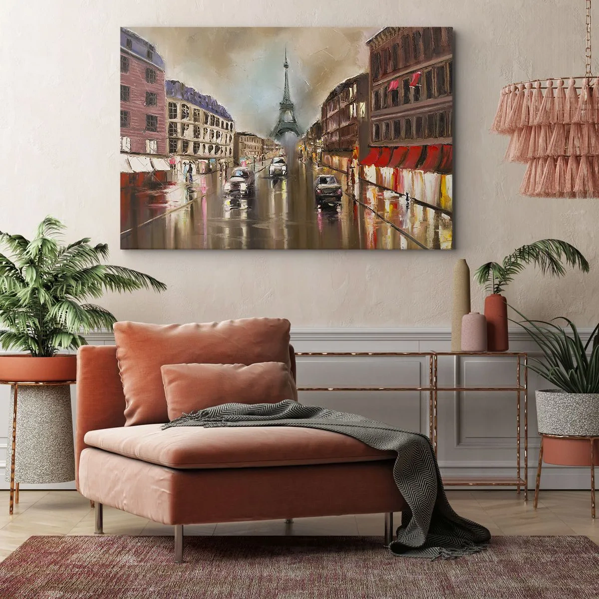 Bild auf Leinwand - Leinwandbild - Abendliches Straßenbild von Paris mit Blick auf den Eiffelturm - 70x50cm - Nur sie zählt - Moderne Wanddekoration für Wohnzimmer und Schlafzimmer ARTTOR