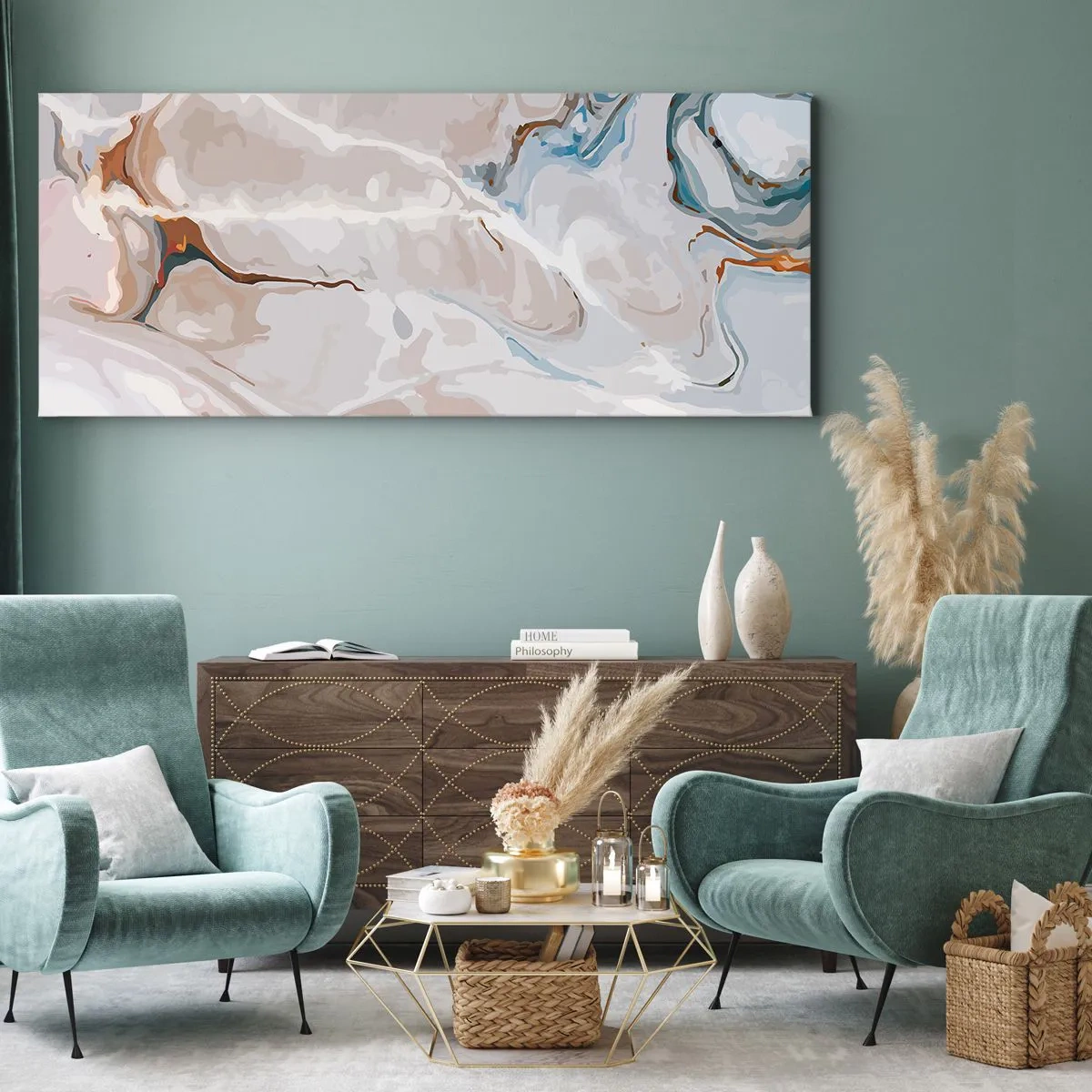 Bild auf Leinwand - Leinwandbild - Abstraktes Muster in Weiß- und Blautönen - 120x50cm - Blau schlängelt sich unter dem Weiß - Moderne Wanddekoration für Wohnzimmer und Schlafzimmer ARTTOR