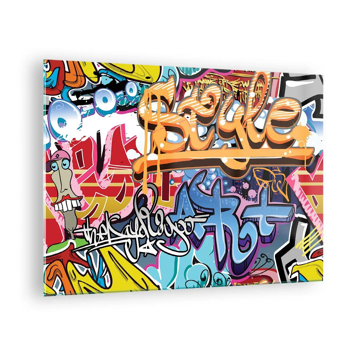 Glasbild - Bild auf glas - Bunte Graffiti mit dynamischen Inschriften und Zeichnungen - 70x50cm - Wandbilder, Wandbilder, Wandbilder ... - Moderne Wanddekoration für Wohnzimmer und Schlafzimmer ARTTOR