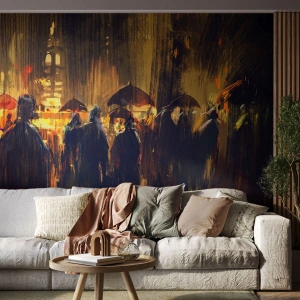 Fototapete Premium Canvas - Anhänger des Regens - Stadt, Menschen, Regenschirm - 350x256 cm