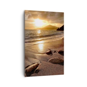Bild auf Leinwand - Leinwandbild - Strand bei Sonnenuntergang mit Steinen am Ufer - 80x120cm - Folge der Sonne zu den Hügeln - Moderne Wanddekoration für Wohnzimmer und Schlafzimmer ARTTOR