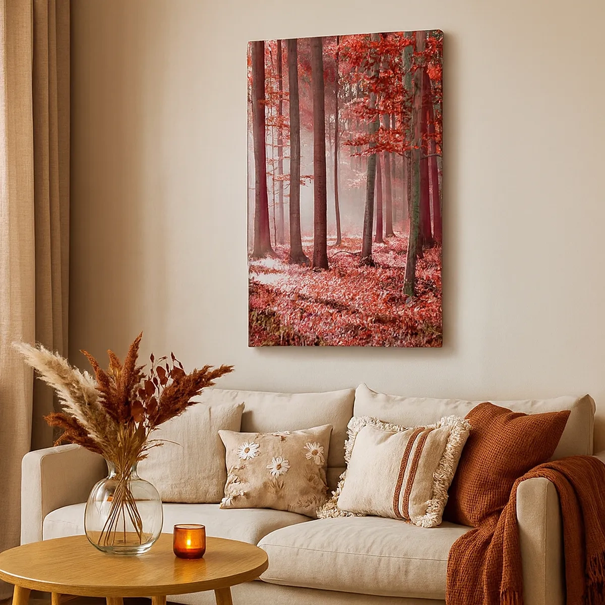 Bild auf Leinwand - Leinwandbild - Ein atemberaubender Wald in roten Farbtönen mit Lichtstrahlen, die durch die Bäume dringen - 50x70cm - Rot ist genauso schön - Moderne Wanddekoration für Wohnzimmer und Schlafzimmer ARTTOR