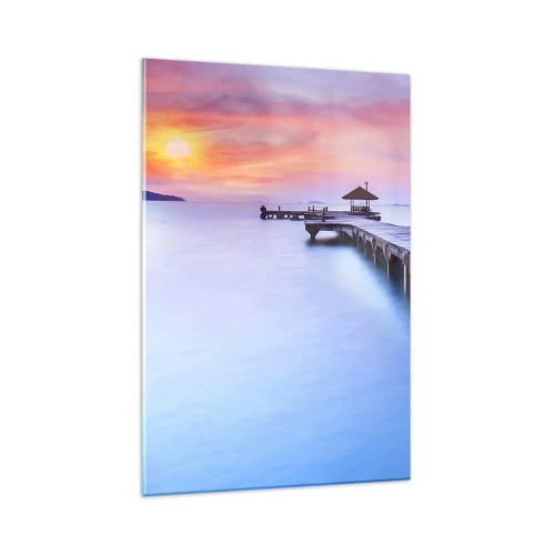 Glasbild - Bild auf glas - Holzsteg, der bei Sonnenuntergang auf das Wasser hinausführt - 80x120cm - Ein Meer der Ruhe bis zum Horizont - Moderne Wanddekoration für Wohnzimmer und Schlafzimmer ARTTOR