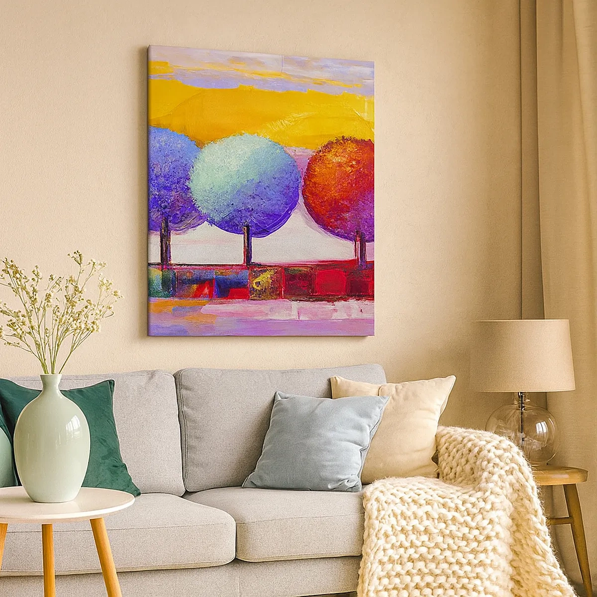 Bild auf Leinwand - Leinwandbild - Drei bunte Bäume auf abstraktem Hintergrund - 50x70cm - Aller guten Dinge sind drei - Moderne Wanddekoration für Wohnzimmer und Schlafzimmer ARTTOR