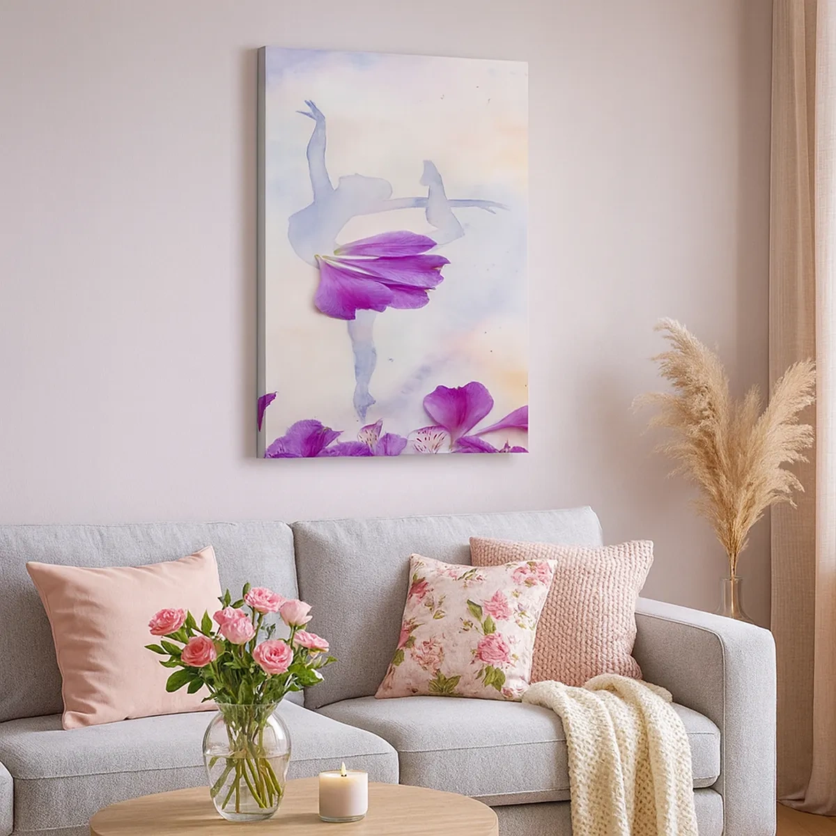Bild auf Leinwand - Leinwandbild - Eine Tänzerin in einem Blütenblattkleid vor einem pastellfarbenen Hintergrund. - 50x70cm - Zart wie eine Blume - Moderne Wanddekoration für Wohnzimmer und Schlafzimmer ARTTOR