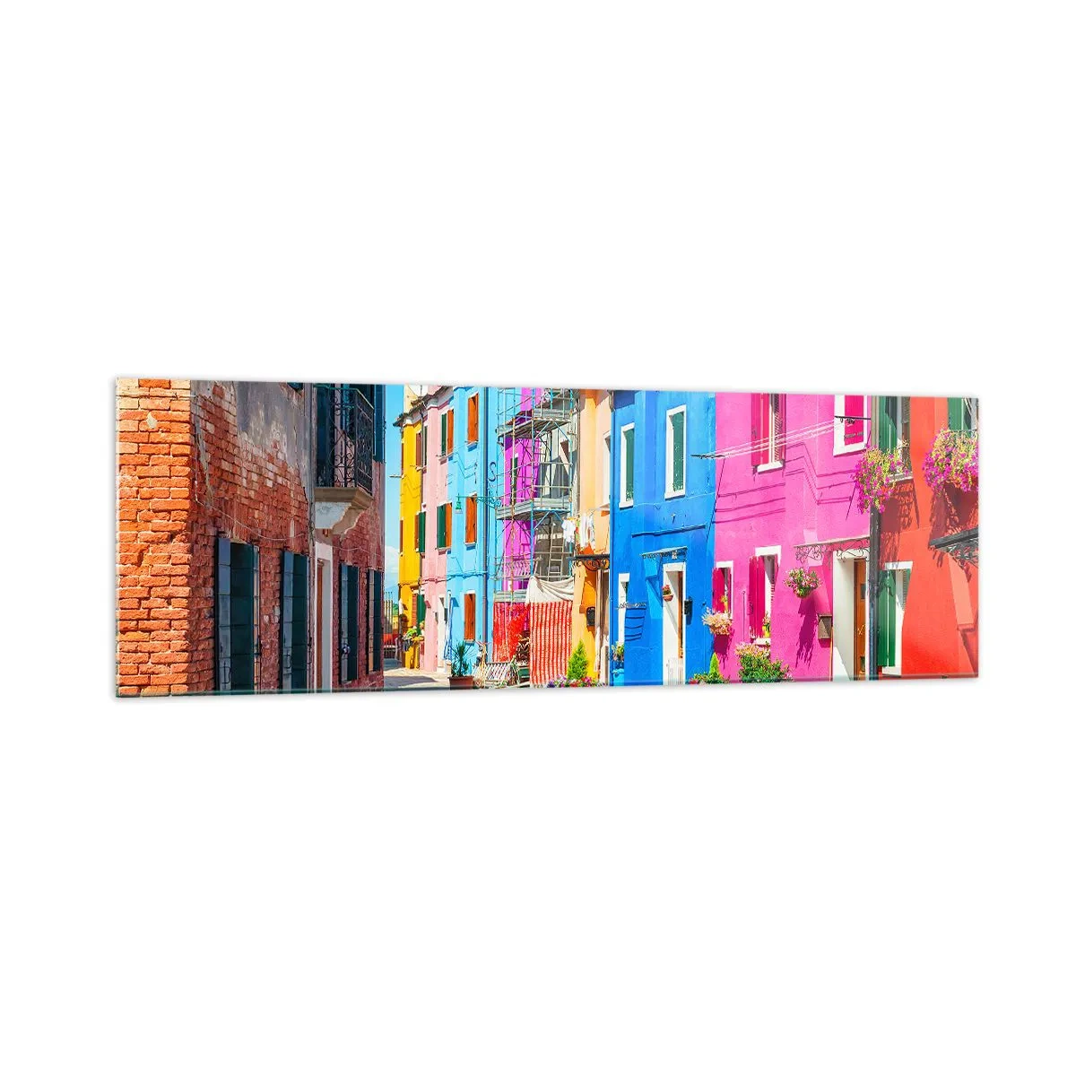 Glasbild - Bild auf glas - Bunte Gebäude in einer engen Stadtstraße - 160x50cm - Städtchen "Zu Papageien" - Moderne Wanddekoration für Wohnzimmer und Schlafzimmer ARTTOR